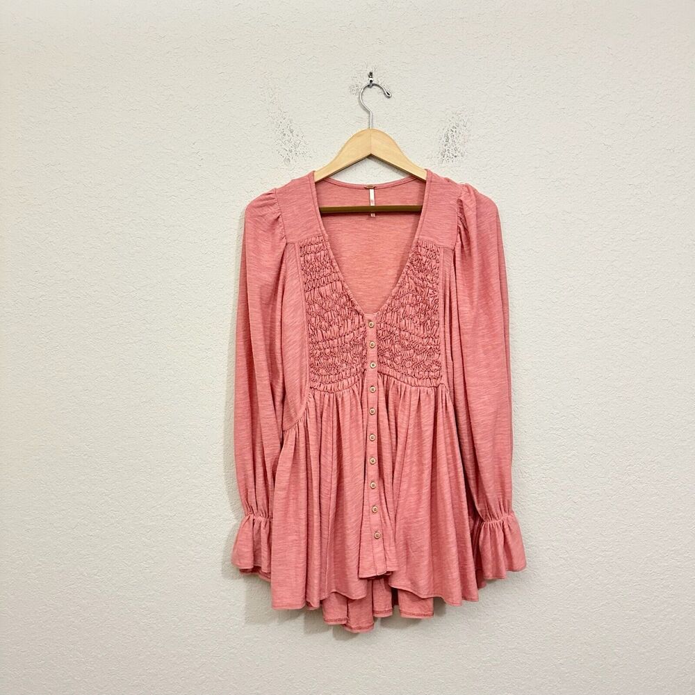 Free People Pink Smocked Button-Front Tunic